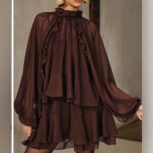 Commense Brown Ruffled Cape Dress